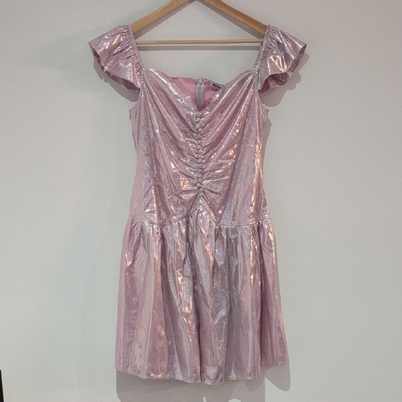Batsheva Designer Shimmery Metallic Pink flutter sleeve sweetheart Dress size8/4 - Picture 2 of 15